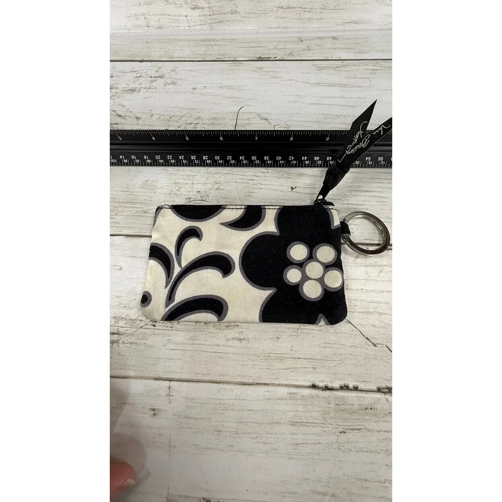 Vera‎ Bradley ID Case Wallet Black White Floral Key Ring Zip Pouch Card Holder